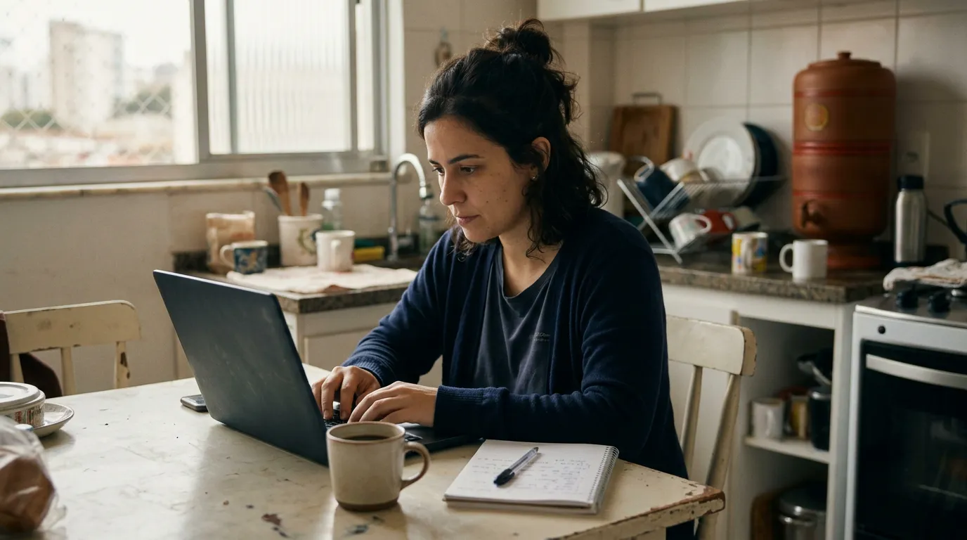 Mulher digitando no notebook na mesa da cozinha, com caderno de anotações e café