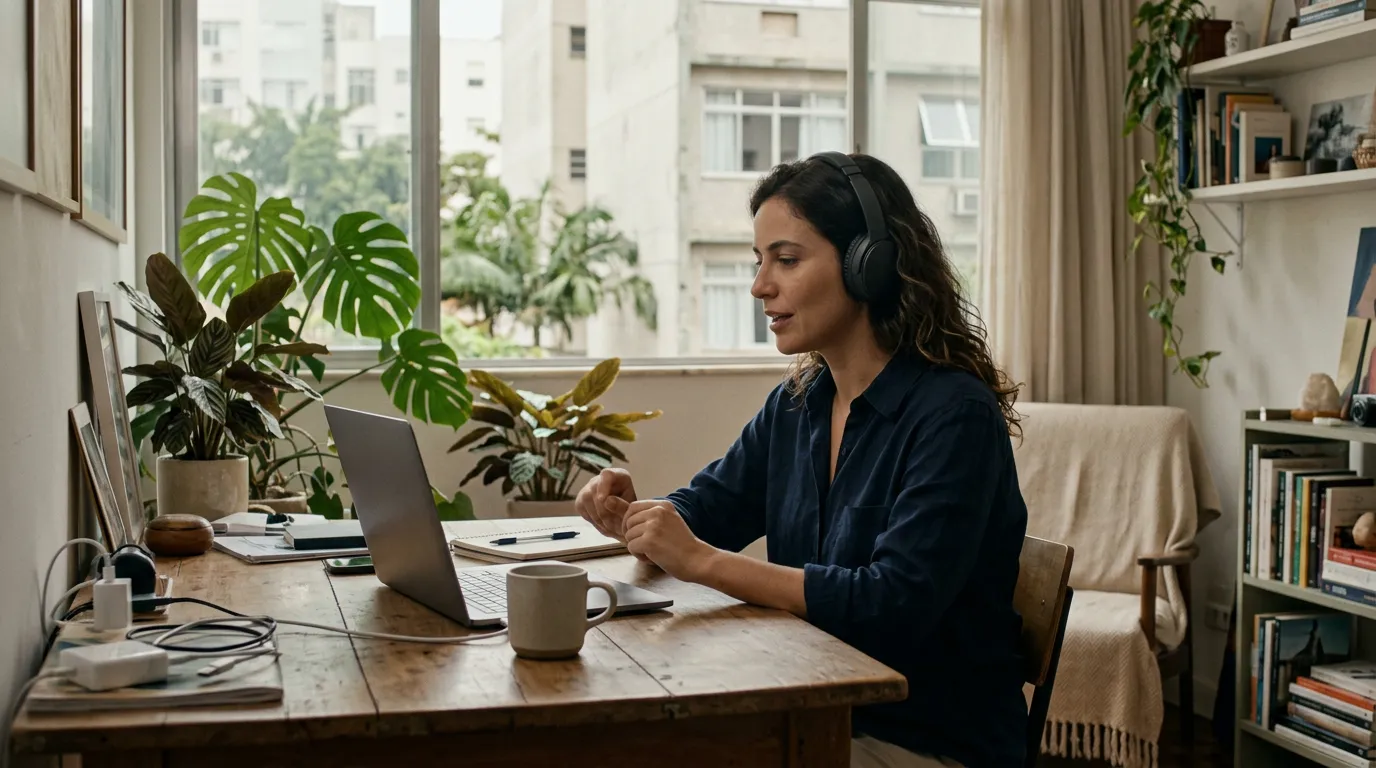 Mulher com fones de ouvido em videochamada no notebook, trabalhando de casa